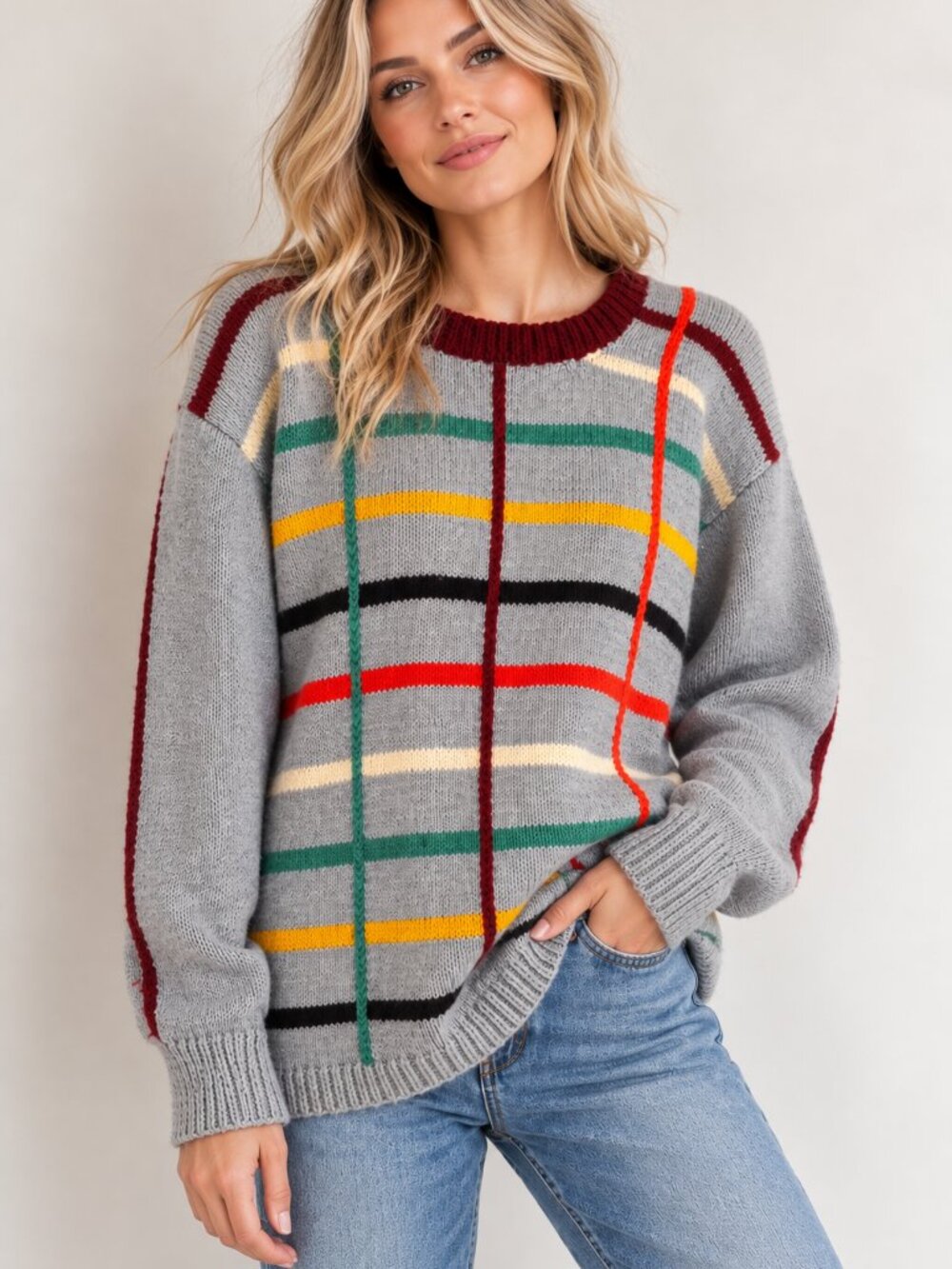 Vintage Wool Blend Window Pane Plaid Colourful Pullover Sweater XL
